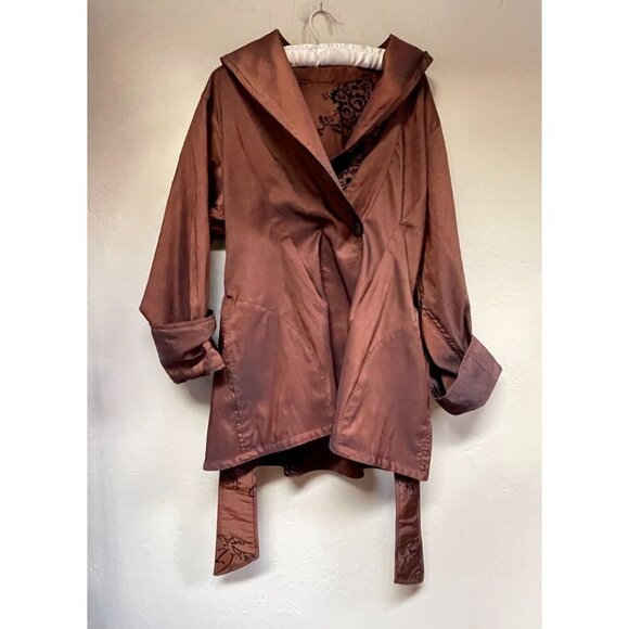 Mycra Pac Women Sz 0 Petite Belted Reversible Coat Robe Long Sleeve Floral Brown - Picture 10 of 10